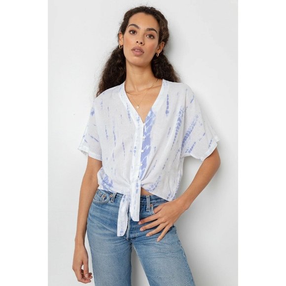 Rails Thea Blouse Cloud Tie Dye White Blue Linen M - Picture 2 of 6